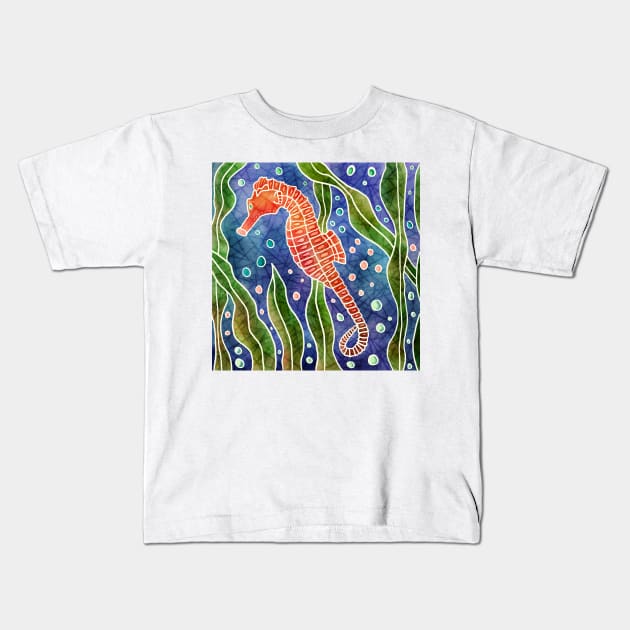 Seahorse batik silk painting Kids T-Shirt by DragonpupLees